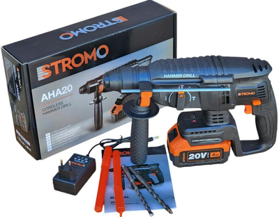 Акумуляторний перфоратор Stromo AHA-20 (безщітковий двигун, 3 режими роботи, 20В, 1 акумулятор 4 А/год, зарядний пристрій)