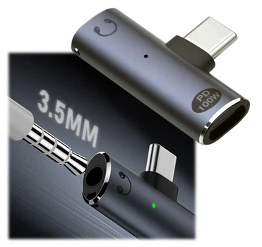 Аудіоадаптер перехідник для заряджання та навушників Type C на Type C + Jack 3.5 mm Grey