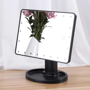 Дзеркало з підсвіткою прямокутне для макіяжу Large Mirror, настільне косметичне LED дзеркало на підставці з регулюванням нахилу і органайзером для дрібниць, живлення від USB/батарейок Чорне, LM-02-Black
