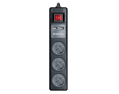 Фільтр живлення REAL-EL RS-3 USB CHARGE 1.8 m Black Чорний 29178