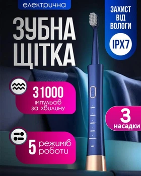 Ультрозвуковая Электрическая Зубная Щетка S&M с зарядкой от USB - Синяя +3 Насадки в Наборе - IPX7 Защита зубные щетки детская