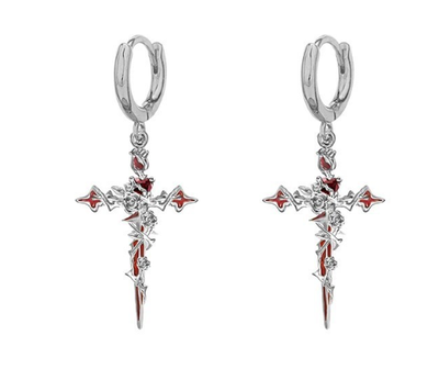Сережки конго Fashion Jewerly хрести з трояндою у готичному стилі y2k сріблясті (SVS)
