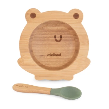 Детская бамбуковая тарелка на присоске с ложкой Miniland Wooden Bowl Frog
