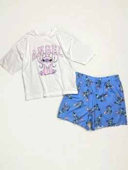 Костюм Primark комплект дитячий підлітковий літній на дівчинку Ліло і Стіч футболка+шорти 164 см (13-14 років) білий, синій