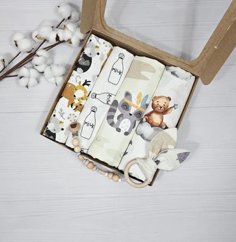 Набор для новорожденного: 4 пеленки и грызунец с держателем a.l.babybox Звери индейцы в горах