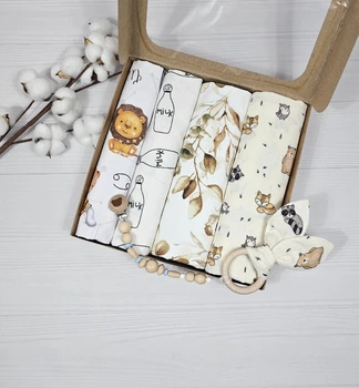 Набор для новорожденного: 4 пеленки и грызунец с держателем a.l.babybox Лесная мелодия