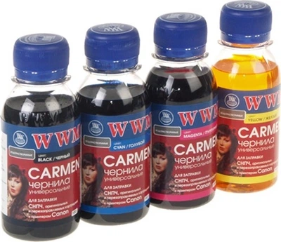 Чорнило Canon Універсальне CARMEN (PG- 510B/512B, CL-511C/513C, BCI-15B/16C, PG-40B/30В/37B/50B, CL-35/41/38/51) Комплект 4*100мл (B/C/M/Y) *WWM