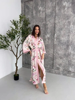 Жіночий халат кімоно довгий COSY Morning Bloom шовк-сатин 2XL/3XL рожеві квіти на молочному MB1