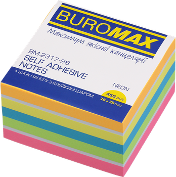 Бумага для заметок Buromax Neon с клейким слоем 75х75 мм 450 листов 5 цветов + белый (BM.2317-98)