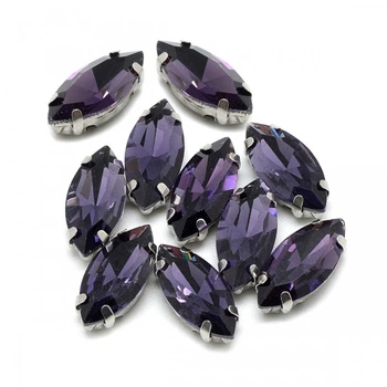 Пришивные Стразы Стекло, Основа Латунь, Конский глаз, Фиолетовый, 12х6х4.5мм, Отверстие 0.8-1мм, 10 шт