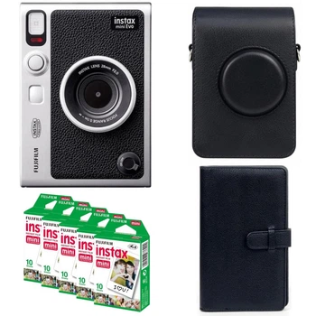 Подарунковий набір Камера для миттєвого друку Fujifilm INSTAX MINI EVO Hybrid Black / Чорний вертикальний чохол / Картриджі на 50 фото / Чорний фотоальбом на 108 фото