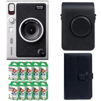 Подарунковий набір Камера для миттєвого друку Fujifilm INSTAX MINI EVO Hybrid Black / Чорний вертикальний чохол / Картриджі на 100 фото / Чорний фотоальбом на 108 фото