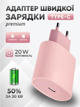 Адаптер быстрая зарядка айфон андроид Type-C JoyPro 20W Pink сетевое зарядное устройство Fast Charge для apple iphone android порт USB-C блок c функцией быстрой зарядки универсальная совместимость (Розовый)