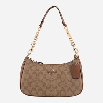 Сумка багет седло женская из натуральной кожи средняя Coach Teri Shoulder Bag In Signature Canvas BG-COA-62 Коричневая (195031572791)