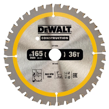 Пиляльний диск DeWALT DT1950 165×20 мм CONSTRUCTION, максимальна кількість обертів, об/хв: 7000