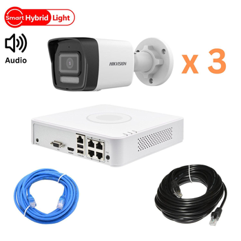 Комплект відеонагляду на 3 вуличні камери Hikvision 2Mp-IP-DS-2CD1023G2-LIUF-Hybridlight з мікрофоном