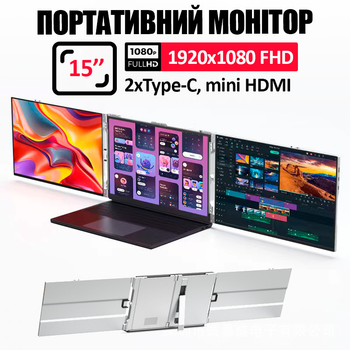 Монитор портативный W15FPC 15 дюймов с двойным дисплеем для ноутбуков / IPS / 1920x1080 / Type-C / HDMI