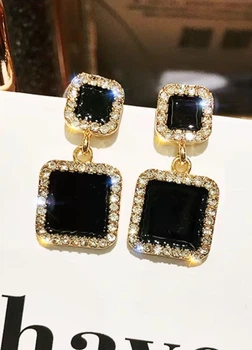 Сережки жіночі квадратні з камінцями по краях Fashion Jewelry Золотисті з чорним 13724