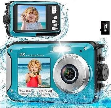 Водонепроницаемая камера 56MP Dual Screen 4K с картой памяти 32GB для подводной съемки, синяя