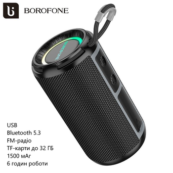 Беспроводная колонка Borofone BR37 (Bluetooth 5.3, FM-радио, TF-карты до 32 ГБ, USB, 1500 мАч, синхронизация двух колонок) - Черный