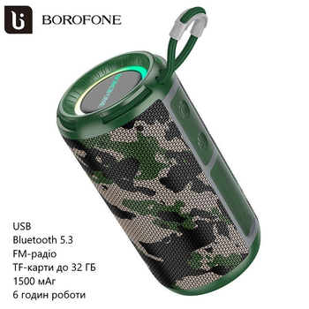 Беспроводная колонка Borofone BR37 (Bluetooth 5.3, FM-радио, TF-карты до 32 ГБ, USB, 1500 мАч, синхронизация двух колонок) - Камуфляж