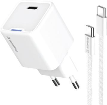 Мережевий зарядний пристрій ColorWay GaN Mini 25W PD Port PPS USB-C + cable Type-C White (CW-CHS052PDC-WT)