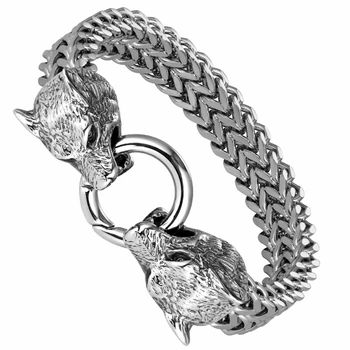 Широкий чоловічий браслет з головами вовків WolfBracelet, 21 см, сріблястий