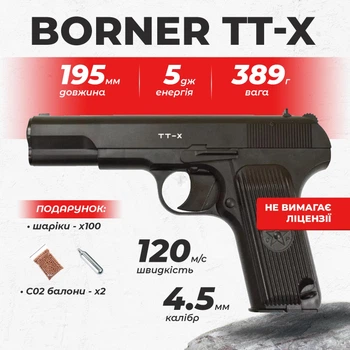 Пневматический пистолет Borner TT-X Тульский Токарев, полимер с со2 с пулями