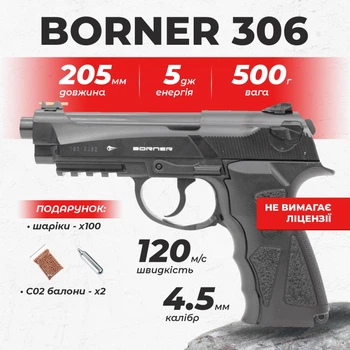 Пневматический пистолет Borner Sport 306 Beretta 90, полимер с со2 з пулями