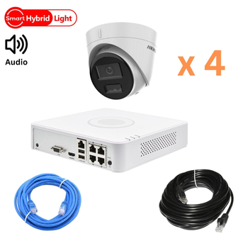 Комплект ІP відеонагляду на 4 купольні камери Hikvision 4Mp-IP-DS-2CD1343G2-LIUF-Hybridlight зі звуком