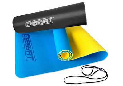 Коврик для фитнеса и йоги EasyFit TPE+TC двухслойный с чехлом и стяжками 183х61х0,6 см Синий с желтым (33-102-EF-1924s-BEY)