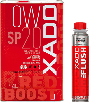 Набір Моторна олива XADO Red Boost 0W-20 SP 4 л (XA 24294) + Очисник оливосистеми двигуна XADO RED FLUSH з ефектом розкоксування 250 мл (XA 41613)