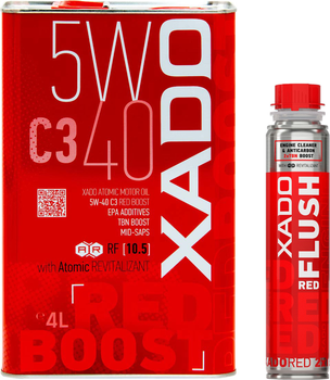 Набір Моторна олива XADO Red Boost 5W-40 C3 4 л (XA 26222) + Очисник оливосистеми двигуна XADO RED FLUSH з ефектом розкоксування 250 мл (XA 41613)