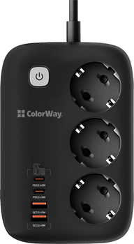 Сетевой фильтр-удлинитель СolorWay 3 розетки/4USB GaN3 Pro PD (2USB-A + 2 TYPE-C) (65W) 2 м (CW-CHE34PDB)