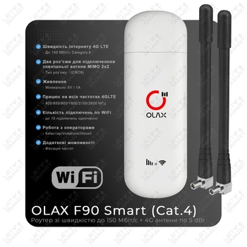 Високошвидкісний 4G модем/роутер USB WI-FI 3G/4G LTE OLAX F90 Smart + 2 антени 4G(LTE) по 5 дБі. Швидкість до 150 Мбіт/с (Cat.4). До 10 користувачів по WiFi. Для операторів Київстар, Vodafone, Lifecell