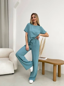 Жіночий літній прогулянковий костюм із крепу (футболка + брюки) Uaclothes 54-56 Оливковий (like32039-122411359)