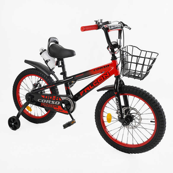 Детский двухколёсный велосипед CORSO Falcon FL-18214 18" дюймов, стальная рама, съемные страховочные колеса, дисковые тормоза, Красный