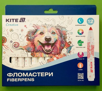Фломастери. Creative Superwashable Jumbo (K-1155), 12 кольорів. Kite