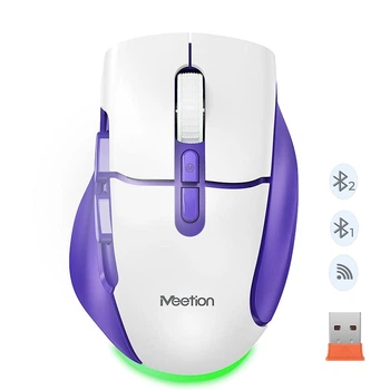 Компьютерная мышь Meetion беспроводная игровая 2.4 ГГц + Bluetooth 800–2400 dpi 7 кнопок RGB Type-C бело-фиолетовая (BTM001)