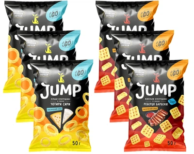 Набор снеков Jump Вафли со вкусом Ребрышки барбекю 50 г х 3 шт + Кольца со вкусом Четыре сыра 50 г х 3 шт (0.3 кг) (4820237693723)