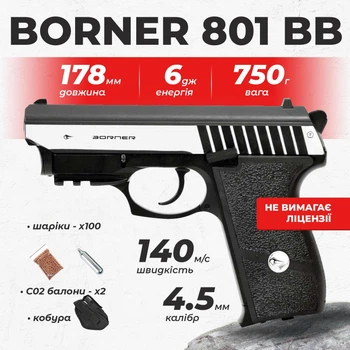 Пневматический пистолет Borner Panther 801 blowback с лазерным целеуказателем, металл с со2 с пулями с кобурой