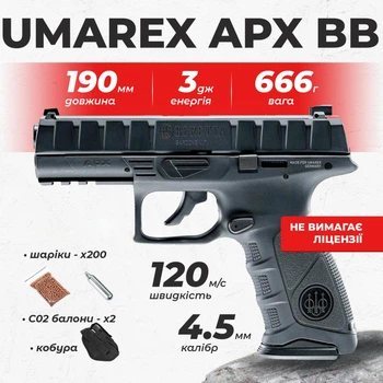Пневматический пистолет Umarex Beretta APX Blowback black, металл с со2 балонами с пулями с кобурой