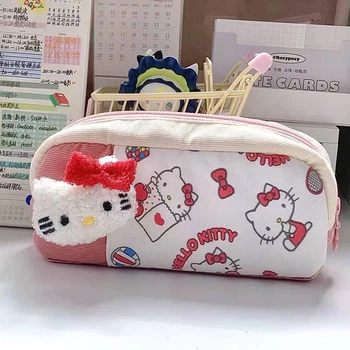 Пенал шкільний аніме з декором Hello Kitty, 2 відділення (основне + кишеня), 20 см, біло-рожевий (10408)