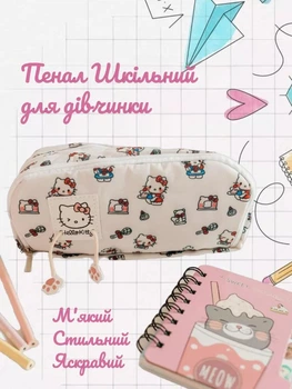 Пенал школьный с принтом Hello Kitty, 2 отделения + сетчатый карман, 20 см, белый (10410)