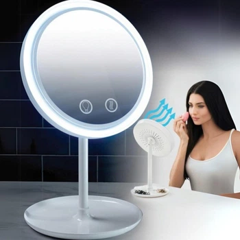 Настільне косметичне дзеркало Beauty Breeze Mirror з LED підсвічуванням, вентилятором і збільшенням 5х, кругле дзеркало для макіяжу з живленням від USB та додатковим збільшенням Біле LY-699-White