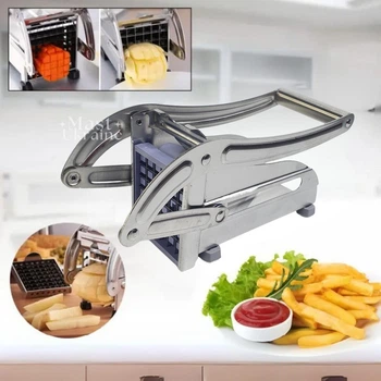 Картоплерезка для картофеля фри ручная металлическая с 2 насадками Potato Chipper Professional, овощерезка-измельчитель овощей и фруктов из нержавеющей стали, с лезвиями 9 мм и 12 мм, для домашнего и профессионального использования AND-948-Silver