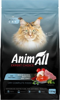 Полнорационный сухой корм AnimAll для кошек с лососем белой рыбой и свежей индейкой 12 кг (5902706511673)
