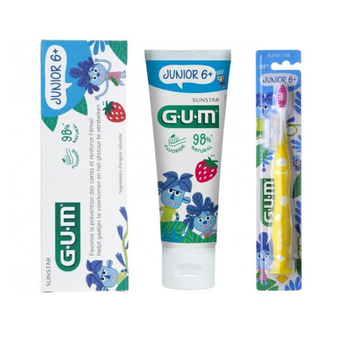 Набор Зубная паста-гель GUM JUNIOR 50 мл и зубная щетка GUM Junior Monster для детей от 6 лет мягкая желтая