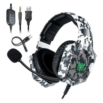 Игровые проводные наушники Onikuma K8 с микрофоном и LED RGB подсветкой Camouflage-White