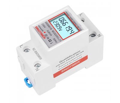 Однофазний електронний лічильник на DIN-рейку, 220V, LCD + підсвічування, відображення V, A, kW (35х65х78мм)